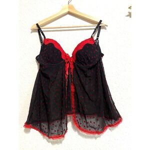 Rampage Intimates Black Red Heart Mesh‎ Babydoll Lingerie Chemise Large romantic